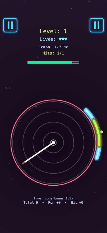 Neon Eye Campaign gameplay screenshot with the timing ring, arc target, needle, level, lives, tempo, and hit count