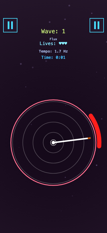 Neon Eye Flux gameplay screenshot with the timing ring, wave number, lives, timer, and moving target