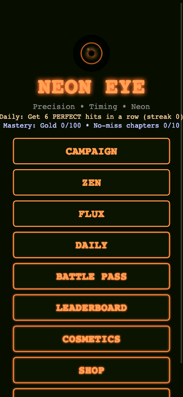 Neon Eye main menu screenshot showing Campaign, Zen, Flux, Daily, Battle Pass, Leaderboard, Cosmetics, and Shop