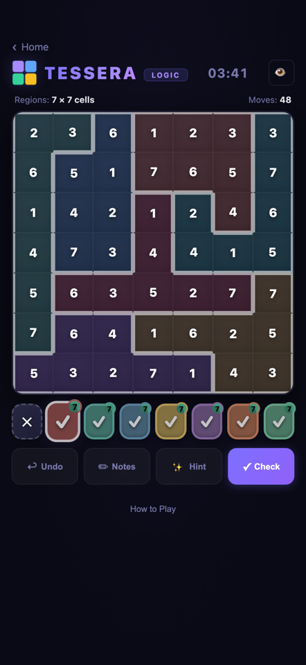 Tessera Daily Challenge on a seven by seven board