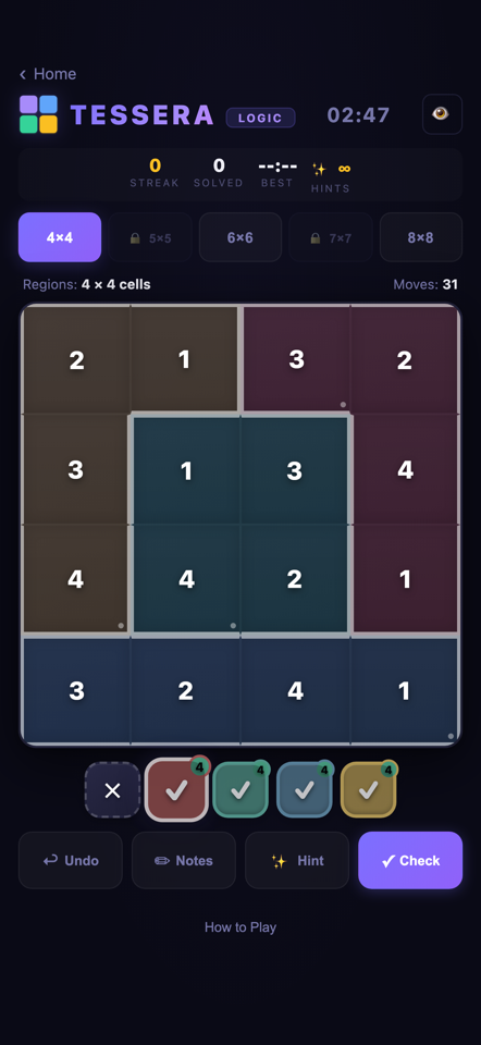 Tessera Logic mode with completed connected territories